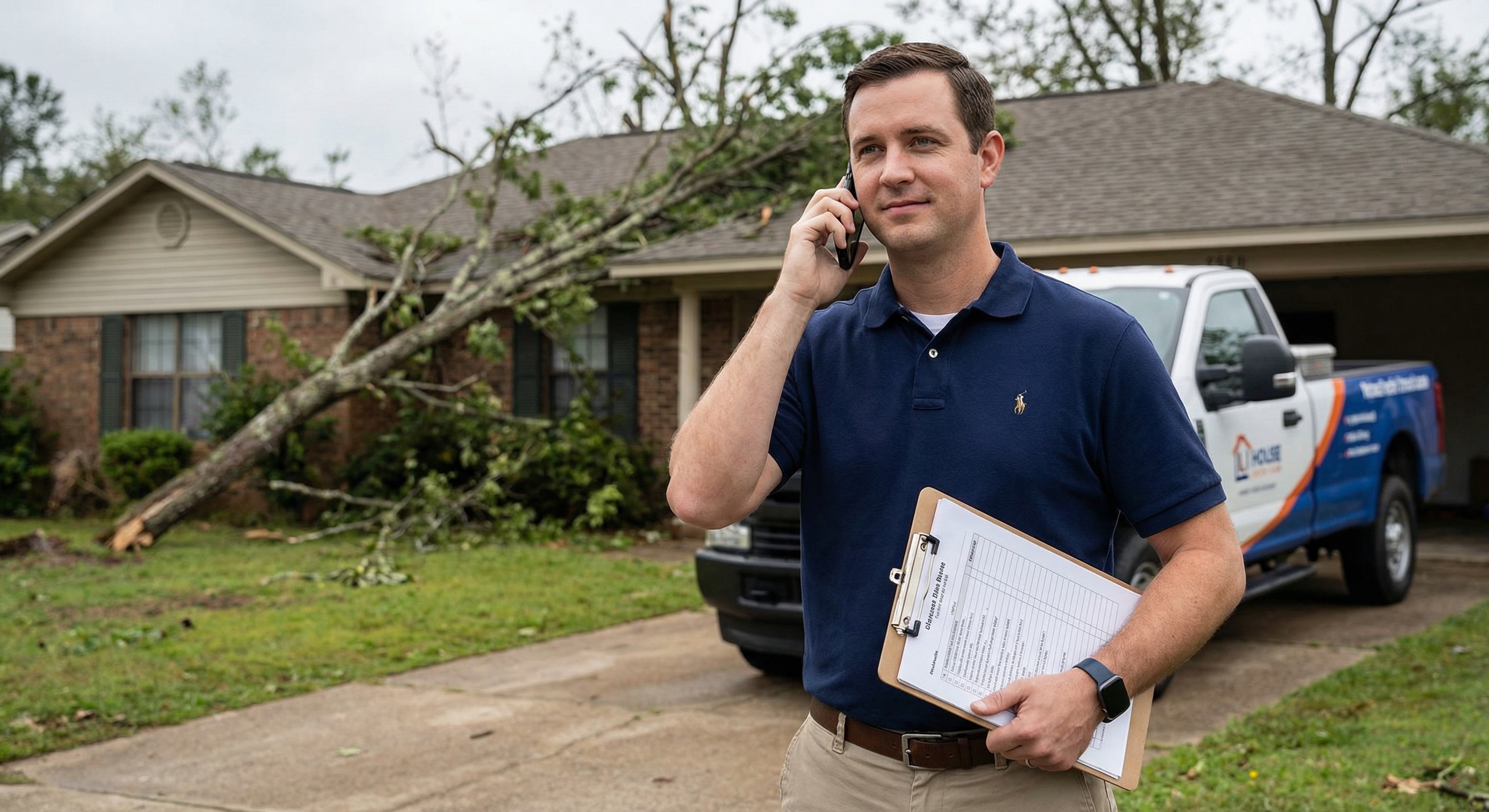 Arkansas Tornado Cleanup team meeting with homeowner