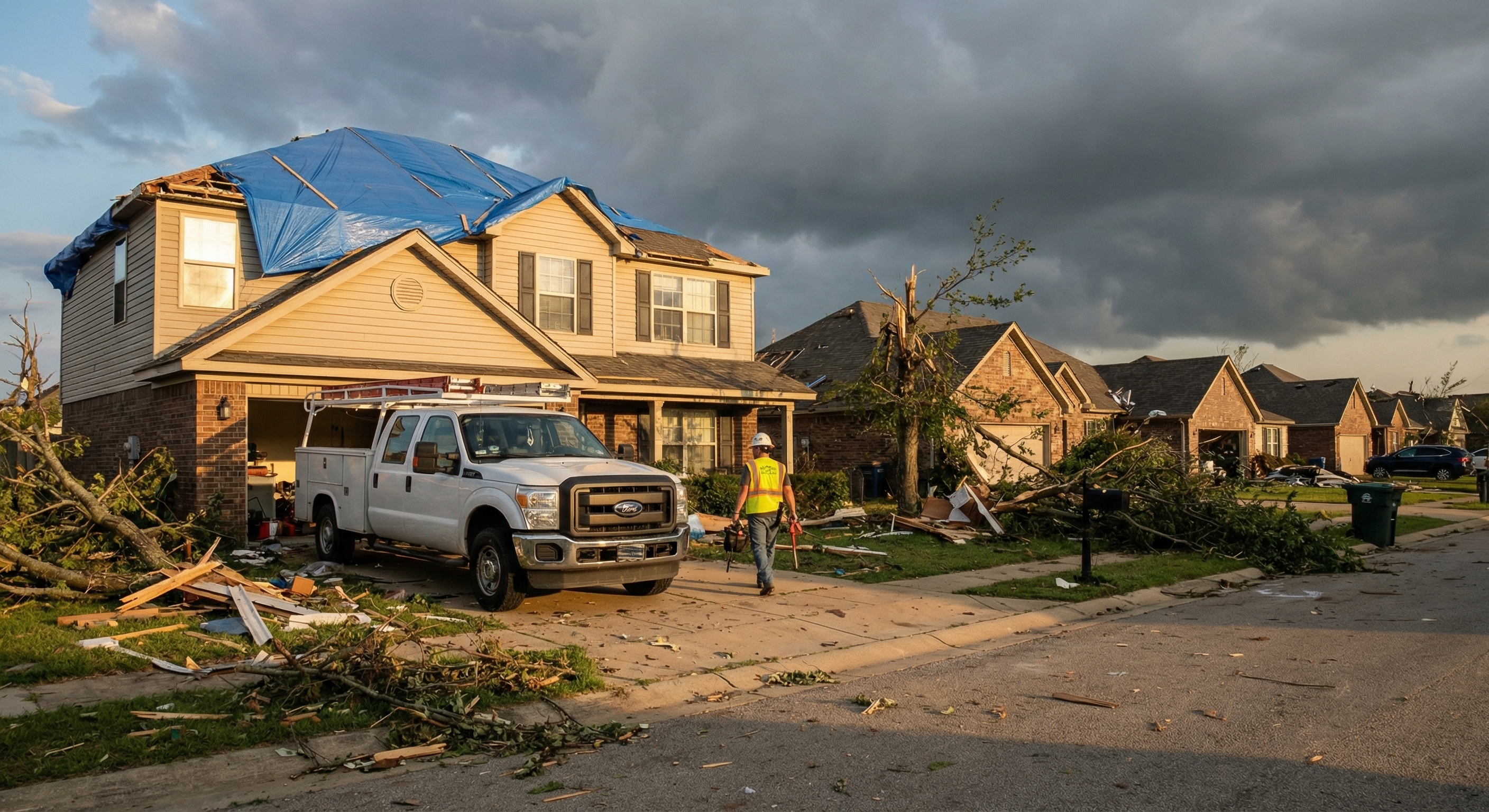 Arkansas Tornado Cleanup crew working on storm-damaged property
